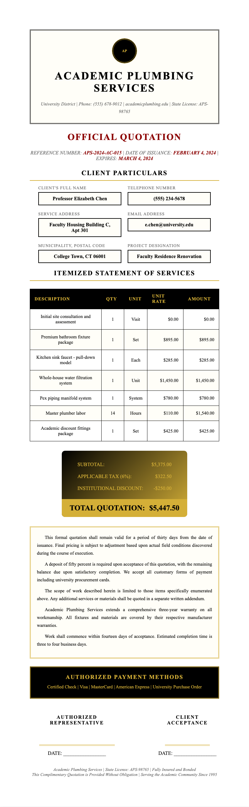 Academic Formal plumbing estimate template